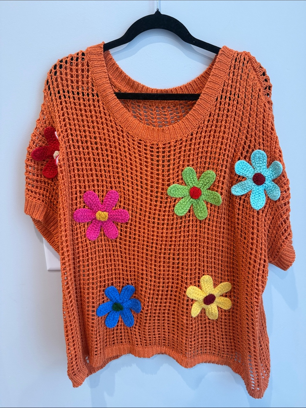 Orange Open-Knit Crewneck Sweater with Multicolor Crochet Flowers